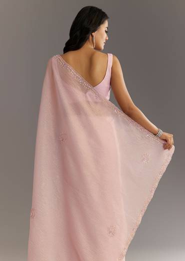 Lavender Glossy Finish Crushed Tissue Saree With Cutdana Moti Embroidery