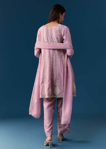 Lavender Pastel Pakistani Style Anarkali Suit With Thread Work