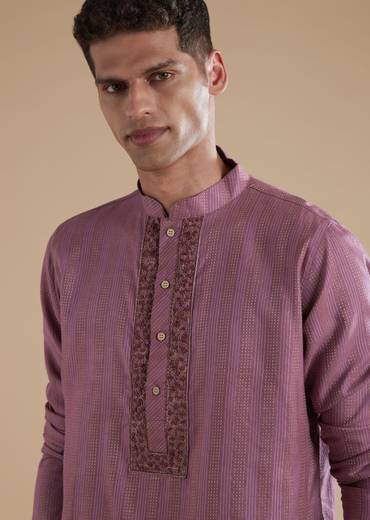Lavender Purple Silk Mens Kurta Set with Thread Resham Detail Work
