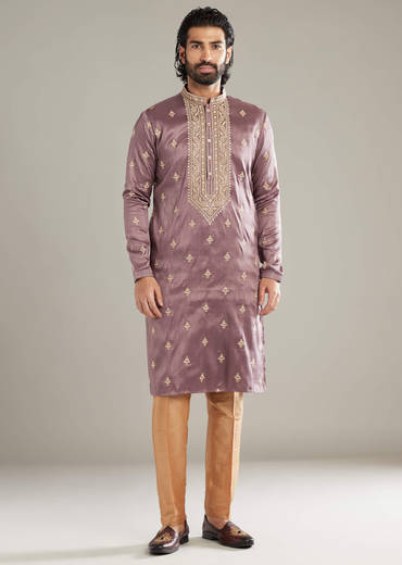 Lavender Silk Kurta Set For Men With Resham Hand Embroidery