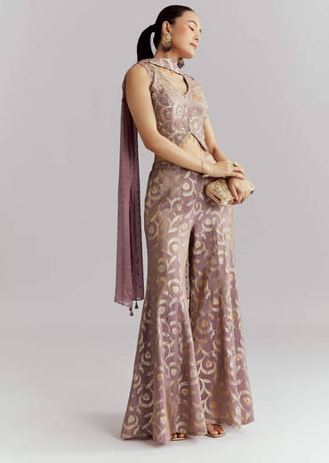 Lavender Tissue Crop Top And Palazzo Pant Set With Embroidery