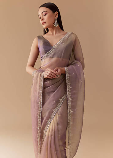 Lavender Tissue Embroidered Saree with Unstitched Blouse