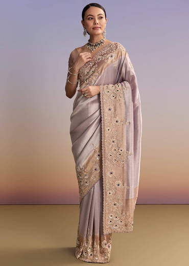 Lavender Tissue Embroidered Saree With Zari Border And Bead Work