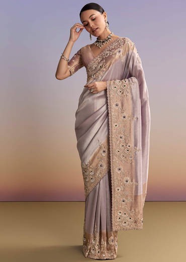 Lavender Tissue Embroidered Saree With Zari Border And Bead Work