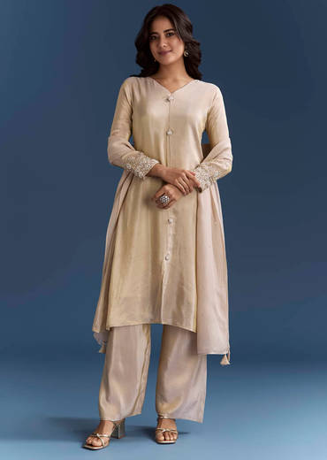 Beige Tissue Kurta Set With Organza Dupatta