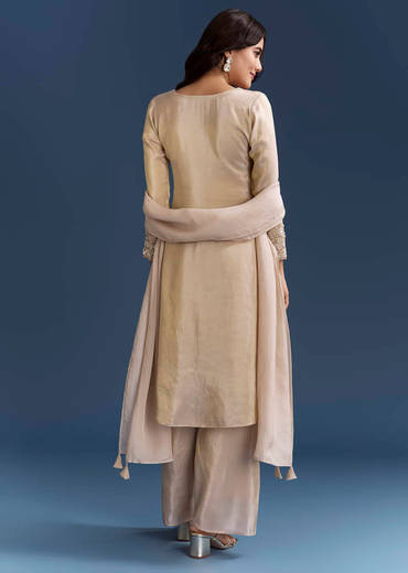 Beige Tissue Kurta Set With Organza Dupatta