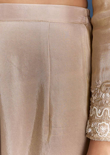 Beige Tissue Kurta Set With Organza Dupatta