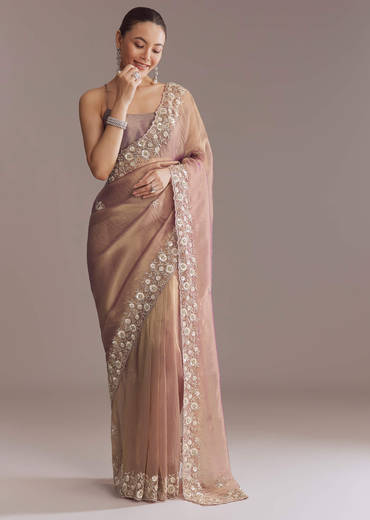 Lavender Tissue Saree With Heavy Floral Embroidery