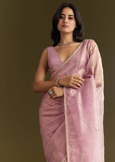 Lavender Tissue Saree With Moti And Cutdana Embroidery And Scallop Border