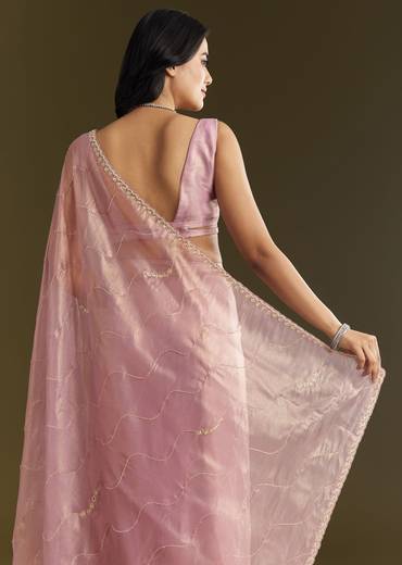 Lavender Tissue Saree With Moti And Cutdana Embroidery And Scallop Border