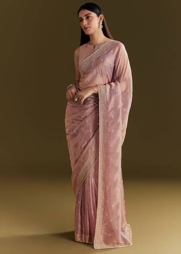 Lavender Tissue Silk Embroidered Saree With Scallop Border