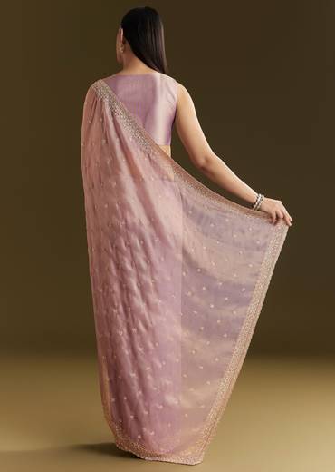 Lavender Tissue Silk Embroidered Saree With Scallop Border