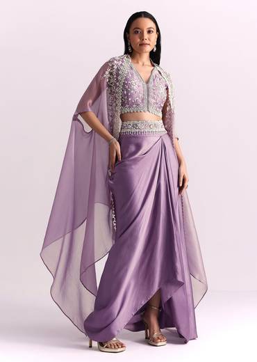 Lavender Moti Work Crop Top Suit Embroidered Jacket