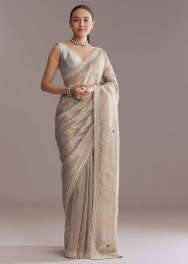 Lavender Tissue Saree With Zardosi And Emerald Stone Embroidery