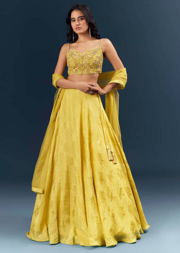 Lemon Yellow Banarasi Silk Bridesmaid Lehenga With Heavy Hand Embroidery