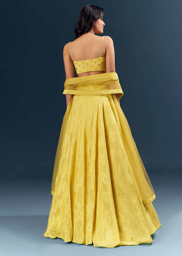 Lemon Yellow Banarasi Silk Bridesmaid Lehenga With Heavy Hand Embroidery