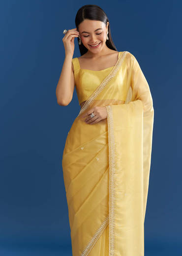 Lemon Yellow Organza Tissue Saree With Beaded Border