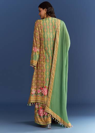 Light Aqua Green Cotton Muslin Kurta Dupatta With Printed Palazzo