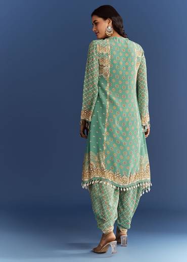 Light Aqua Green Crepe Printed Kurta Dhoti With Embroidery