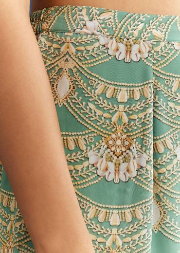 Light Aqua Green Crepe Printed Kurta Pant With Shell Tassels