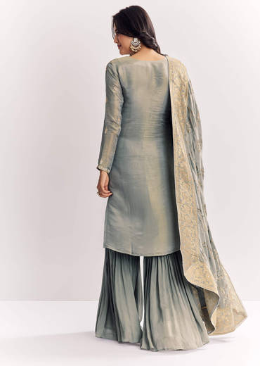 Light Aqua Green Tissue Kurta Sharara Suit With Cutdana And Moti Embroidery