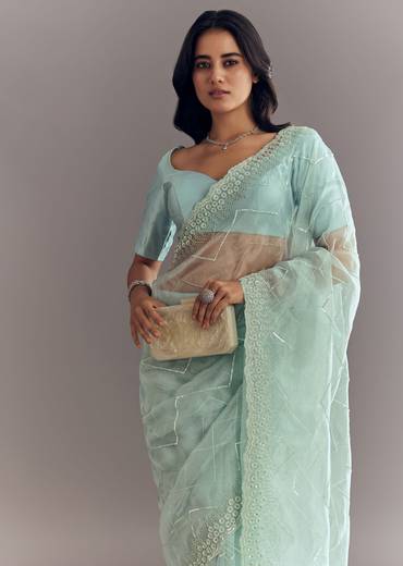 Light Blue Glass Tissue Saree With Stone Embroidery And Scallop Border