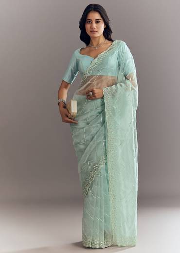 Light Blue Glass Tissue Saree With Stone Embroidery And Scallop Border