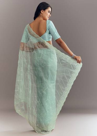 Light Blue Glass Tissue Saree With Stone Embroidery And Scallop Border