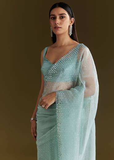 Light Blue Glossy Organza Saree With Scallop Border
