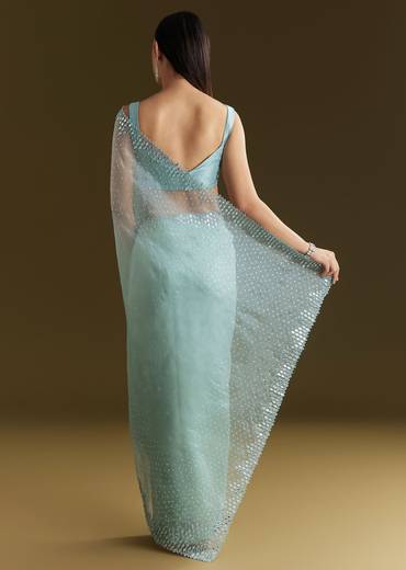 Light Blue Glossy Organza Saree With Scallop Border