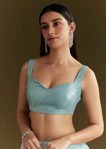 Light Blue Glossy Organza Saree With Scallop Border