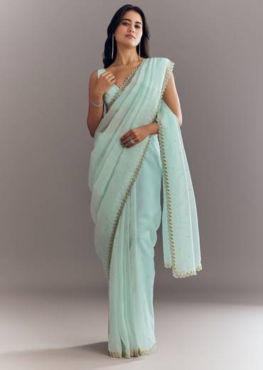 Light Blue Tissue Saree With Cutdana And Beads Embroidery And Cutwork Scallop Border