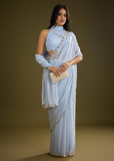 Light Blue Tissue Silk Saree With Stone Embellishment