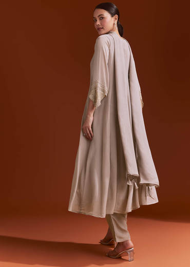 Light Brown Chinon Anarkali Suit With Moti And Zardosi Work