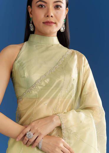 Light Green Organza Tissue Saree With Embroidered Scallop Border