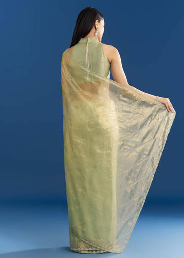 Light Green Organza Tissue Saree With Embroidered Scallop Border
