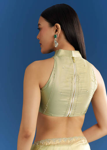 Light Green Organza Tissue Saree With Embroidered Scallop Border