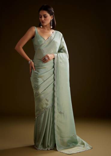 Light Green Tissue Saree With Cutdana Embroidery And Scallop Border