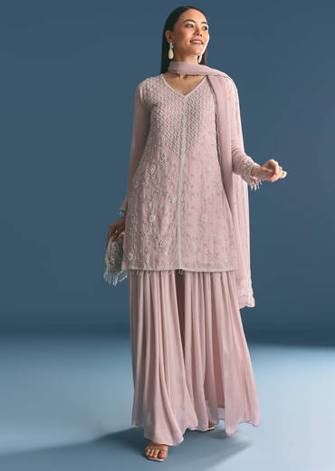 Light Lavender Chinon Kurta Palazzo Suit With Moti Cutdana Work