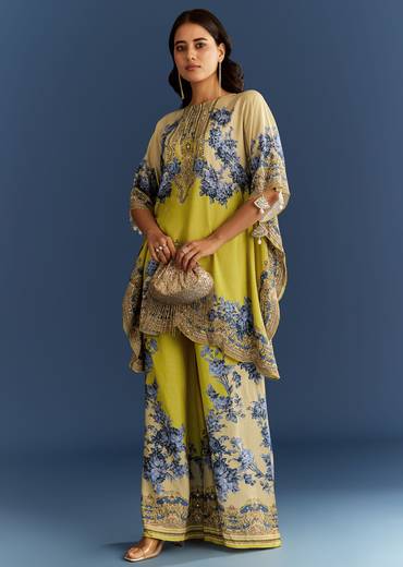 Light Lime Green Cotton Muslin Kaftaan With Floral Print Palazzo