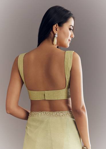 Light Pastel Green Crushed Tissue Saree With Cutdana Sequins And Beads Embroidery