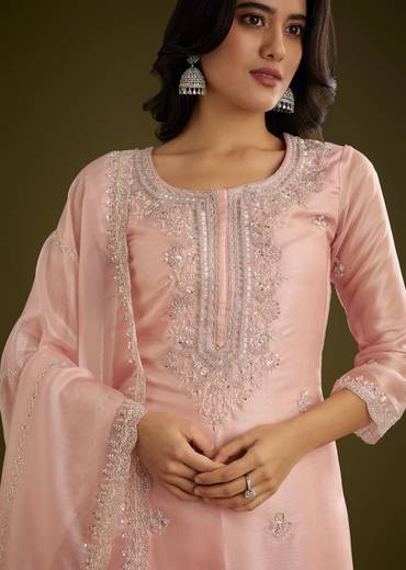 Light Peach Tissue Cut Dana Beads Kurta Set With Embroidered Dupatta