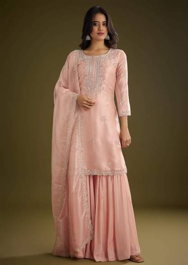 Light Peach Tissue Cut Dana Beads Kurta Set With Embroidered Dupatta