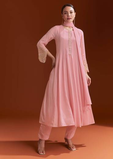 Light Pink Chinon Anarkali Suit With Cut Dana And Beads Work