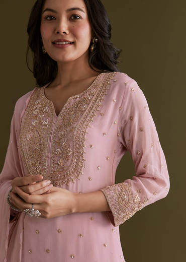 Light Pink Chinon Sharara Suit With Zardosi Embroidered Dupatta