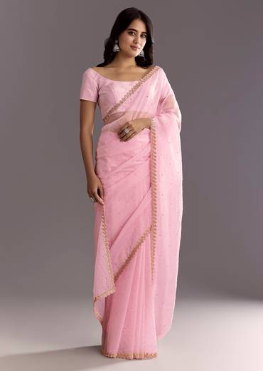 Light Pink Tissue Embroidered Saree With Cutwork Scallop Border