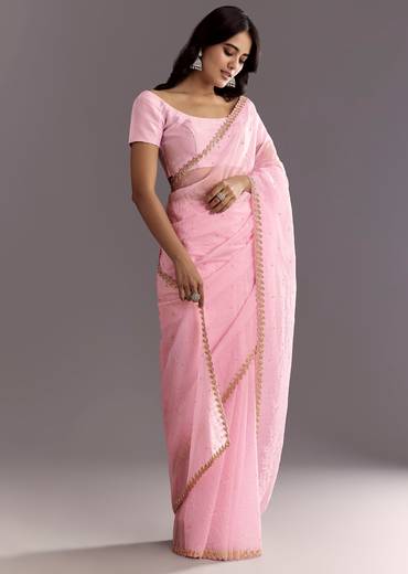 Light Pink Tissue Embroidered Saree With Cutwork Scallop Border