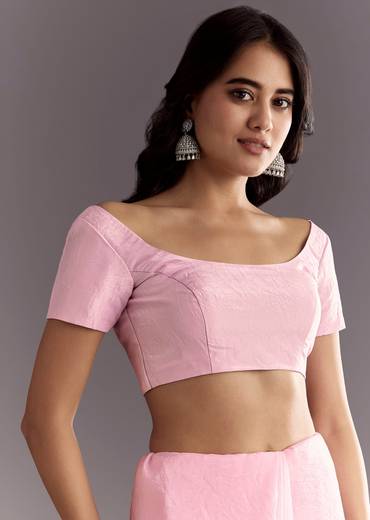 Light Pink Tissue Embroidered Saree With Cutwork Scallop Border