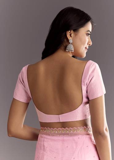 Light Pink Tissue Embroidered Saree With Cutwork Scallop Border