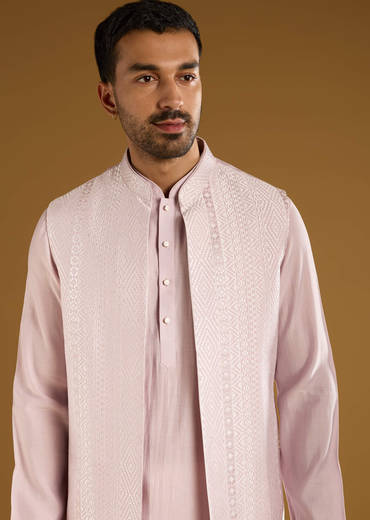 Light Purple Kurta Jacket Set For Men With Resham Work